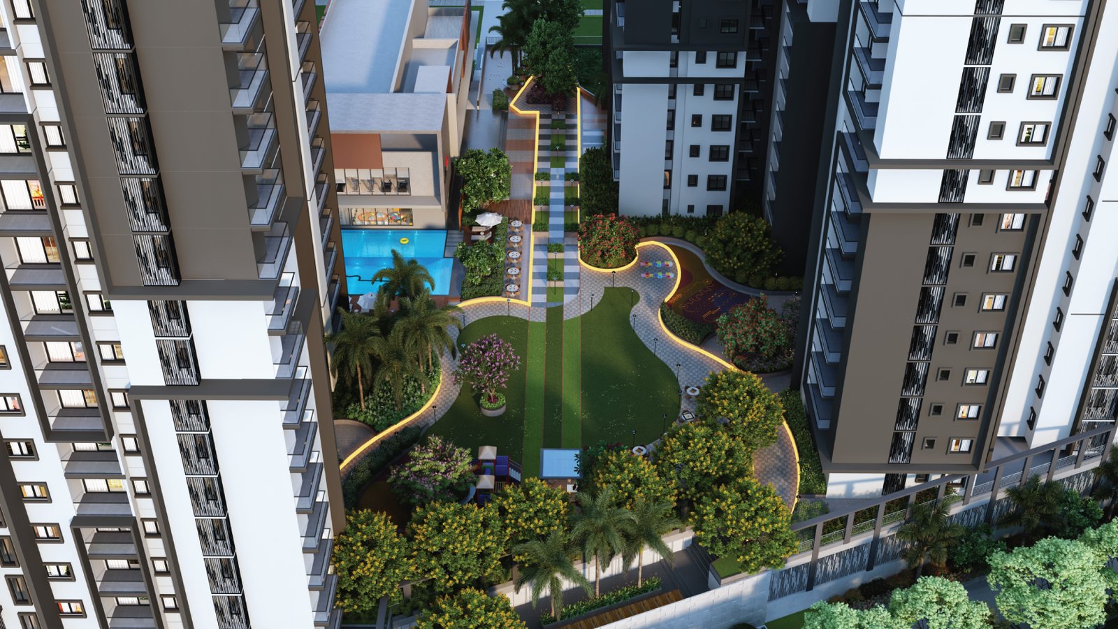 Courtyard guitar shape aerial view