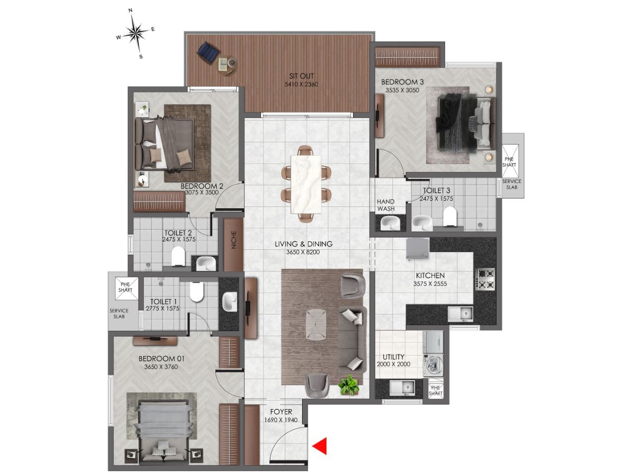 3 BHK Type 1 Floor Plan